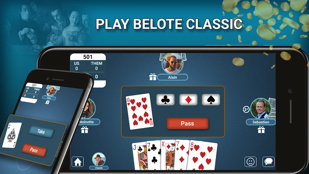 Взломанная Blot Belote Coinche Online  [МОД Unlocked] — полная версия apk на Андроид screen 1