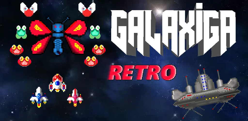 Скачать взломанную Galaxiga Retro Arcade Action (Галаксига Ретро Аркейд Экшн)  [МОД Mega Pack] — последняя версия apk на Андроид screen 1